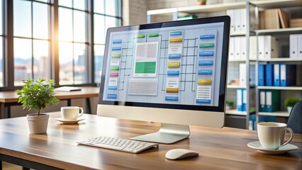 Naklejka premium Modern computer screen displaying virtual online documentation database and process automation system for efficient file management and organization.,hd,8k.
