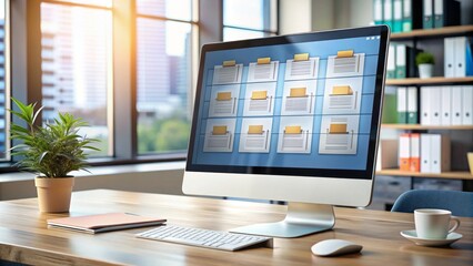 Modern computer screen displaying virtual online documentation database and process automation system for efficient file management and organization.,hd,8k.