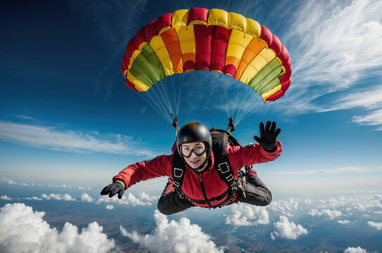 Skydiver is flying with open parachute in sunny day