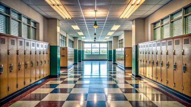 Empty school corridor with lockers, classrooms, and staircases, conveying a sense of abandonment and silence, awaiting the return of energetic students.,hd,8k.