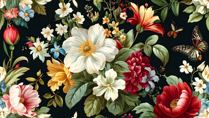 beautiful fantasy vintage wallpaper botanical flower bunch, vintage motif for floral print digital background