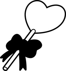 Heart-shaped lollipop on a stick with a bow. Decorative design element for Valentine's Day. Simple outline illustration drawn by hand and isolated on a white background. Black white vector