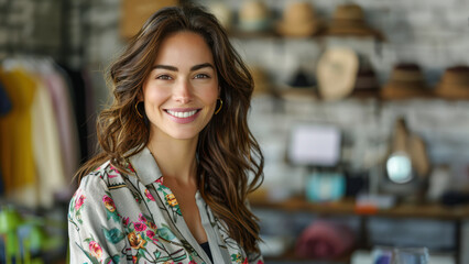 A cheerful woman in a floral blouse smiles warmly in a cozy boutique filled with various hats and eclectic decor.