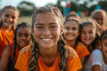 Fototapeta premium Youth Soccer Team Portrait on Field: Unity and Diversity