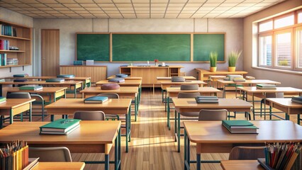 Empty classroom scene with wooden desks aligned in rows, pencils and pens scattered, notebooks and textbooks stacked, and a chalkboard in the background.,hd,8k.