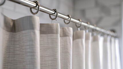 Fototapeta premium Close-up of shower curtain rings on a rod, highlighting the elegant design and fabric texture.