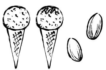 筆タッチのアーモンドフレーバーのアイスクリームの線画イラストセット