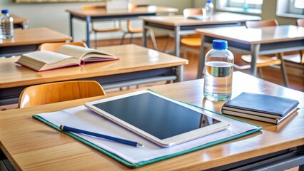 A cluttered classroom desk with an open tablet displaying a digital textbook, surrounded by scattered notes, pens, and a half-empty water bottle.,hd,8k.