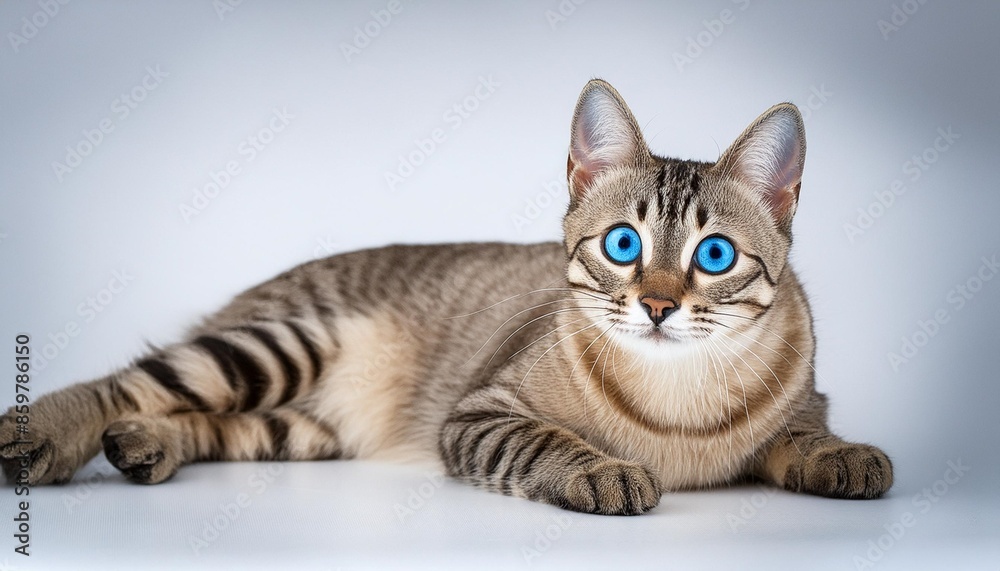 Poster the striped blue eyed cat lies on a white background