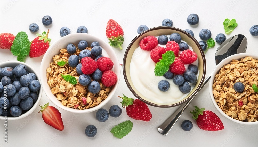 Wall mural yogurt with berries and muesli for breakfast in bowl isolated on white background top view