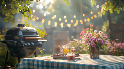 A backyard barbecue setup with a table featuring flowers, food, and a grill in the background, under string lights.