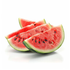 Juicy and fresh watermelon slices displayed on a white background, showcasing vibrant red fruit.
