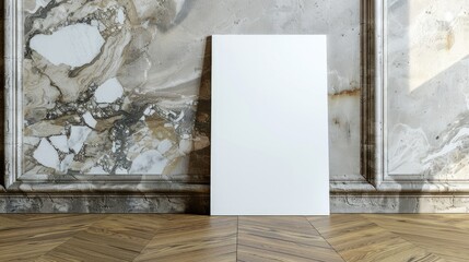 Mockup template with white paper poster on wooden floor and marble wall pattern