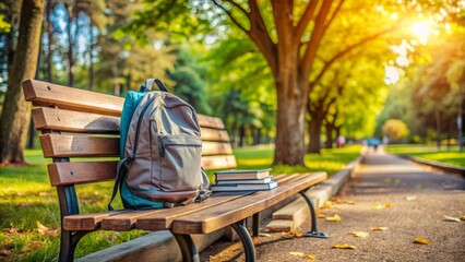 A serene scene of empty rucksacks and scattered books on a bench near a school in a park, conveying a sense of education and outdoor play.,hd,8k.