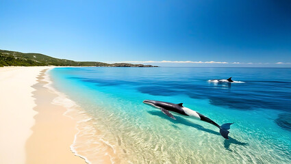 Fototapeta premium Dolphins are swimming on the beach