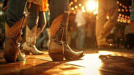 Honky-tonk is the clatter of cowboy boots on a dance floor: Picture a close-up of cowboy boots tapping and clattering on a honky-tonk dance floor, symbolizing the lively atmosphere of a country wester