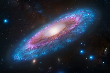 Fototapeta premium Spiral galaxy with vibrant blue and pink arms, glowing core, dark space, wideangle view, elegant cosmic structure.,