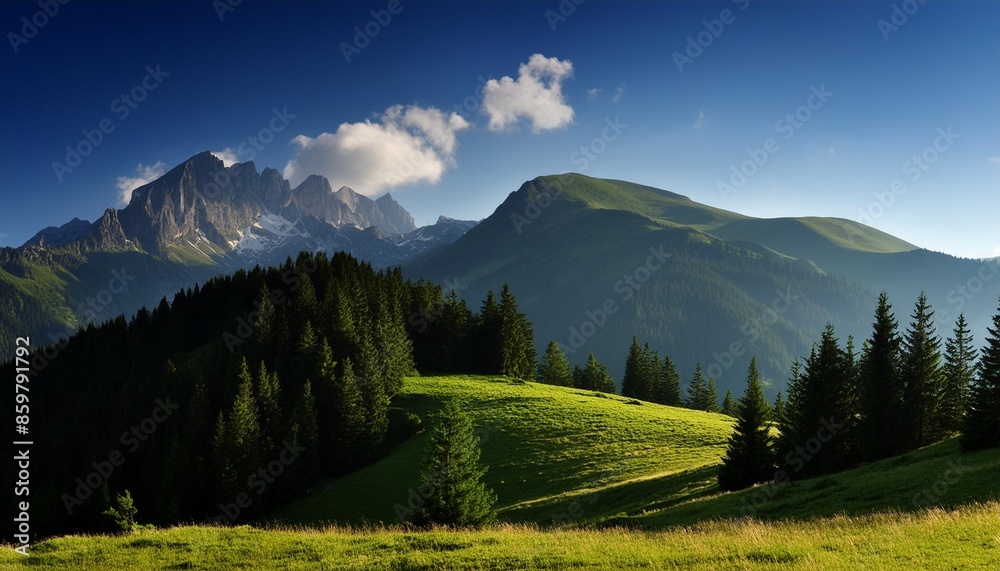 Wall mural mountain range with trees and grass - Wall murals