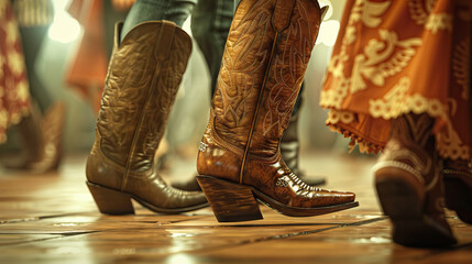 Honky-tonk is the clatter of cowboy boots on a dance floor: Picture a close-up of cowboy boots tapping and clattering on a honky-tonk dance floor, symbolizing the lively atmosphere of a country wester