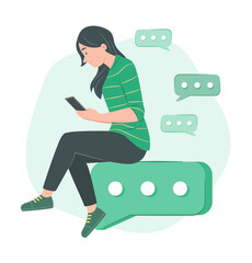 Woman Sitting on Big Chat Bubble Icon and Chat on Mobile Phone for Telecommunication Concept Illustration