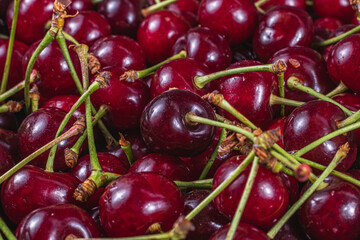 Ripe cherry in a plastic box on the table top view and side background