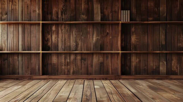 Wooden wall with bookshelf and empty space