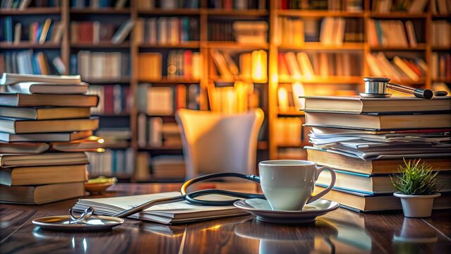 Medical Student Studying In The Library With A Cup Of Coffee And A Stethoscope On The Table.