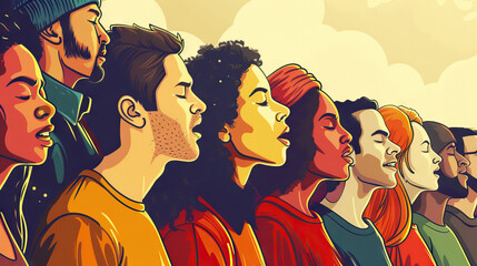 World Peace Day is the symphony of diverse voices in harmony: Visualize a diverse group of people singing together, symbolizing the unity and harmony of different cultures on World Peace Day
