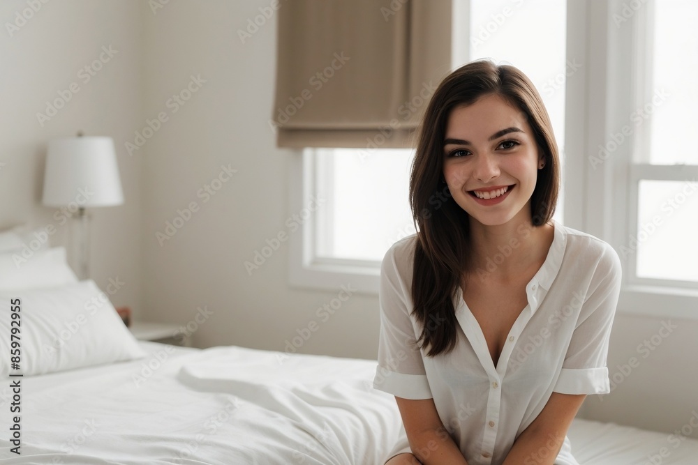 Wall mural Portrait of a young woman in a loose white shirt sitting on the bed, smiling and looking at the camera. relaxing, smooth, and soft atmosphere.