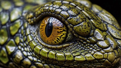 Naklejka premium Close-up of a green iguana with wild eyes, scales, and skin, a reptile in the wild