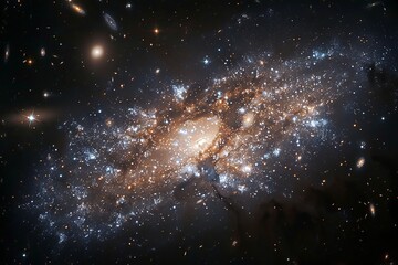 Obraz premium Dwarf galaxy with scattered stars, faint glow, dark background, closeup shot, small yet vibrant.,