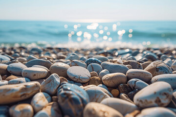 Smooth pebbles on a beach with the sea in the background and sunlight creating bokeh effects on the water