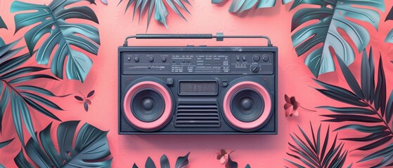 Obraz premium Retro Boombox Surrounded by Tropical Leaves