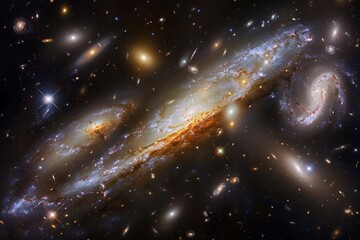 Interacting galaxies with tidal tails, merging stars, colorful gas streams, dark backdrop, panoramic view, dynamic cosmic dance.,