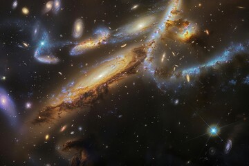Interacting galaxies with tidal tails, merging stars, colorful gas streams, dark backdrop, panoramic view, dynamic cosmic dance.,