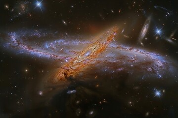 Interacting galaxies with tidal tails, merging stars, colorful gas streams, dark backdrop, panoramic view, dynamic cosmic dance.,