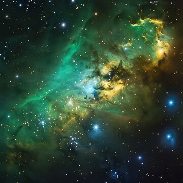 Green and gold nebula, luminous tendrils, star clusters, deep black background, midshot, otherworldly beauty.,