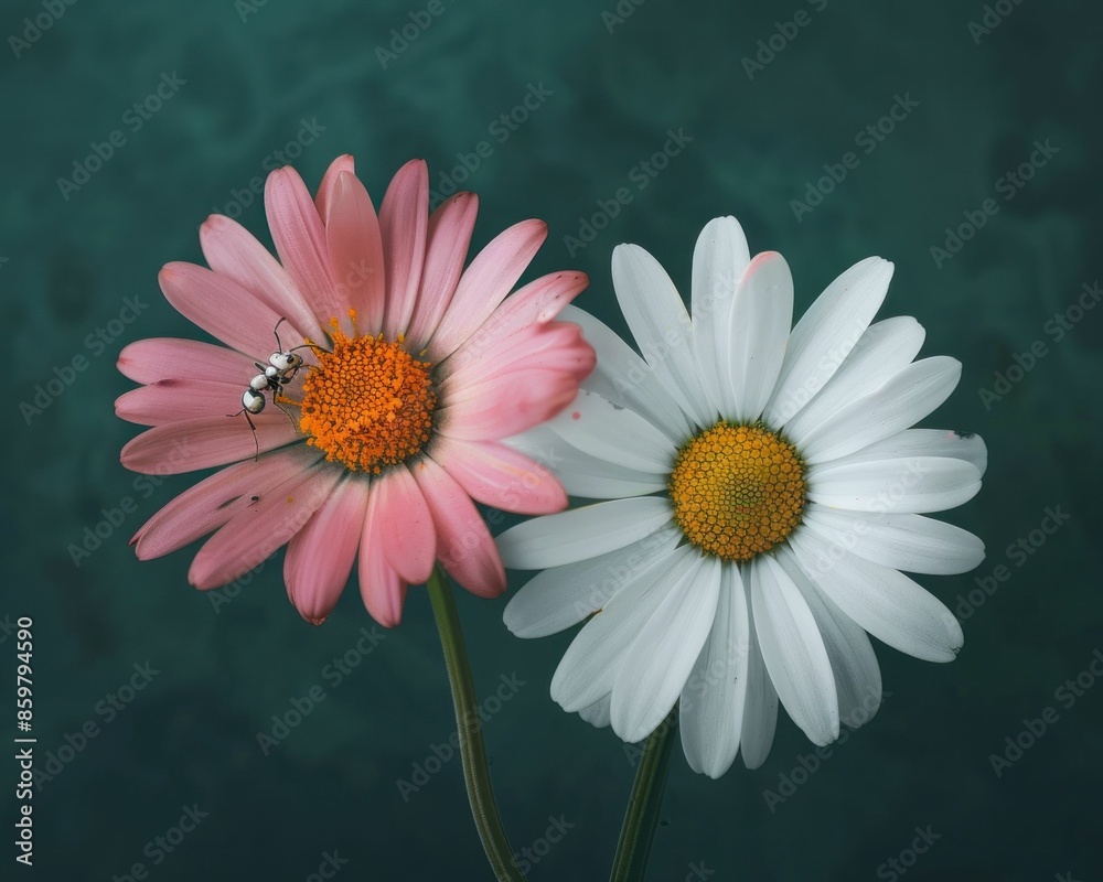 Wall mural Beautiful white and pink daisies with insect on top in natural garden setting