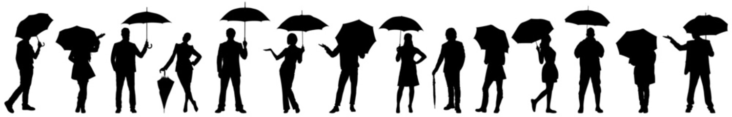 set of Silhouettes of walking people under the umbrella rain sunlight sunburn