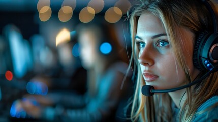 A woman wearing a headset is looking at a computer screen