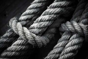 A rope is twisted and knotted. The rope is black and white