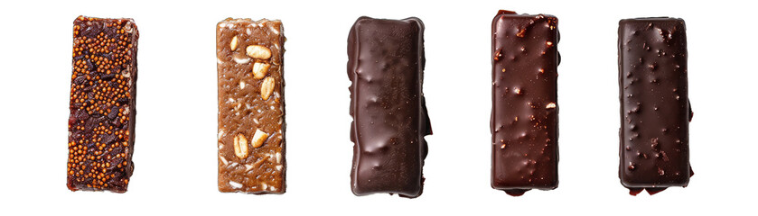 Protein Bars in Different Flavors, Wrapped, Unwrapped, and Bitten. Isolated on a Transparent Background. Cutout PNG.