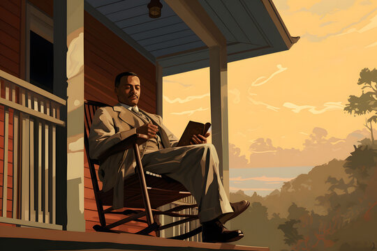 Vintage Style Illustrated Black Man Sitting On His Front Porch Smoking