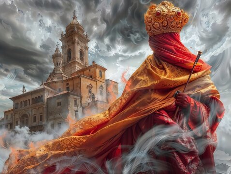 Majestic Figure in Traditional Royal Robe in Front of Historic Cathedral