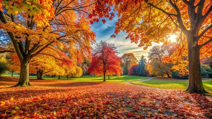 Vibrant autumnal landscape featuring a kaleidoscope of colorful foliage amidst a serene park setting with falling leaves creating a stunning natural background.
