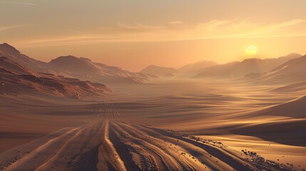 A desert scene with a sun in the sky