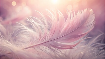Obraz premium Soft pink feathers create a lush, textured background, featuring a single, pristine swan feather, showcasing delicate plumage, and subtle sheen in a serene, peaceful atmosphere.