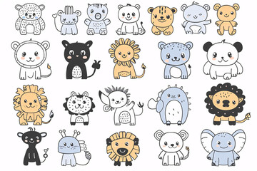 Obraz premium A collection of cute animal characters drawn in black and white with simple lines