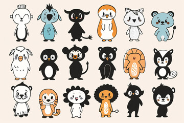 Obraz premium Illustration of cute animal characters in various poses on a white background