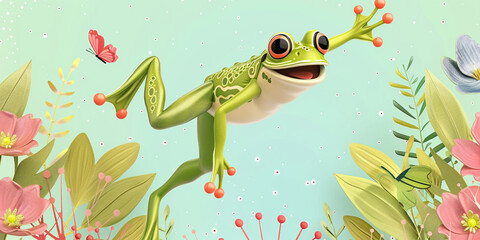 Painting of a frog sitting on a rock in a field generative ai A photo of frog disney cartoon style AI Generated View of 3d graphic Green Frog Stylized Cartoon